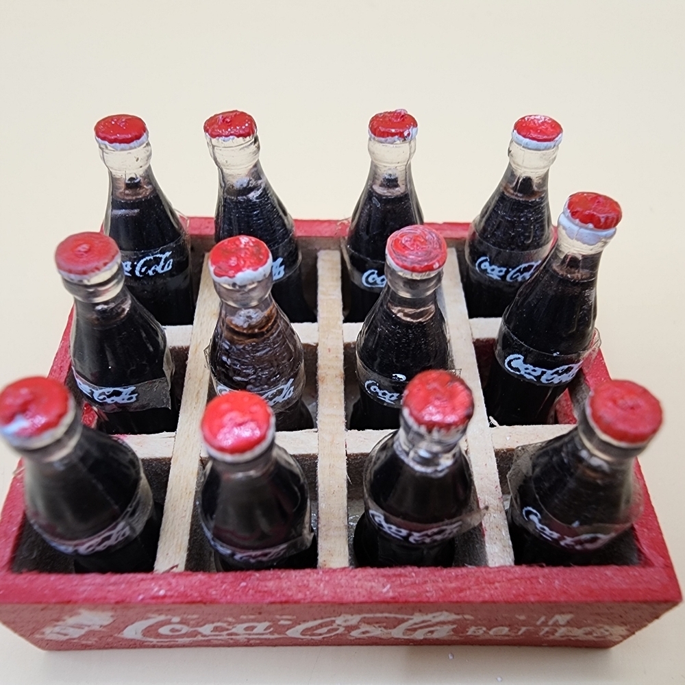 12 Miniature Coca Cola Bottles Wood Crate 1:12 1.5" Coke Dollhouse Barbie Drink - Picture 2 of 5